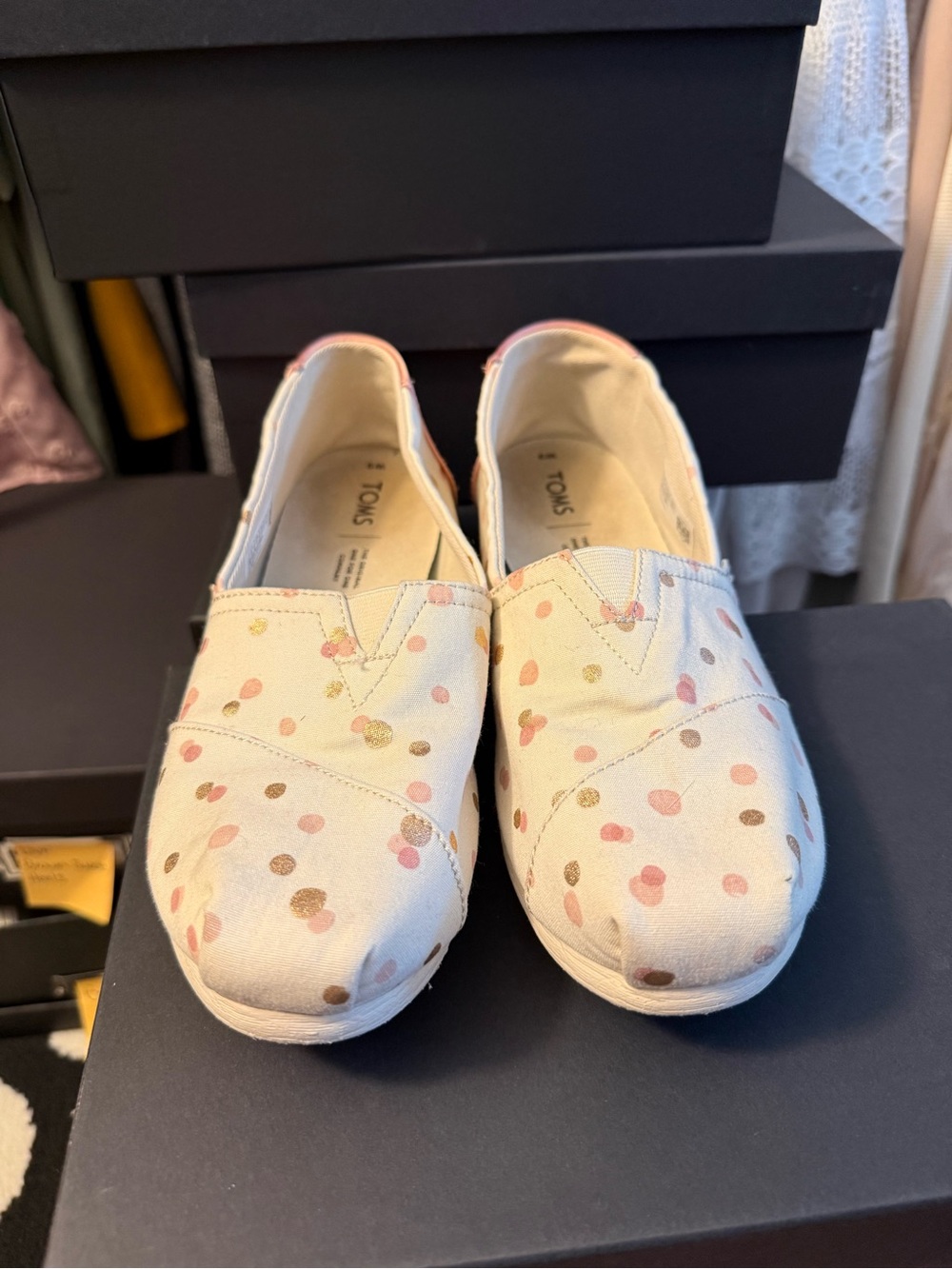 8 Items for $20: Toms Cream Slip-Ons with Pink and Gold Polka Dots